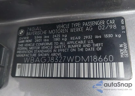 1998 BMW 740Il from USA, damaged, VIN WBAGJ8327WDM18660